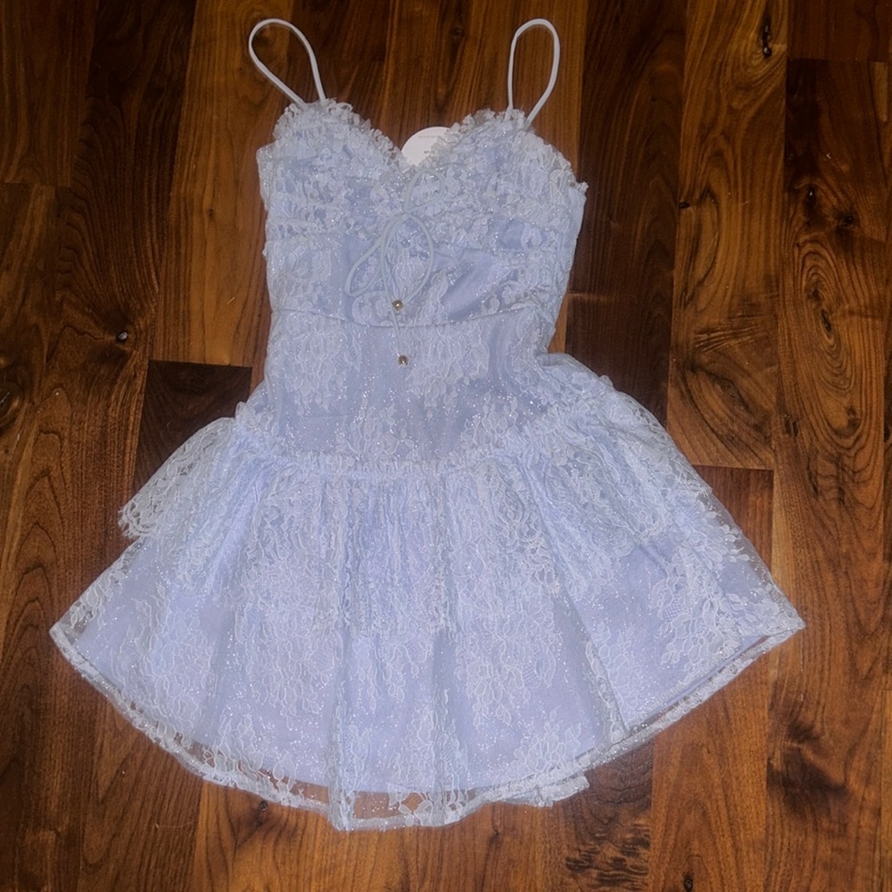 Selfie Leslie Baby Blue ST Tropez Cami Strap Frill Trim Lace Mini Dress